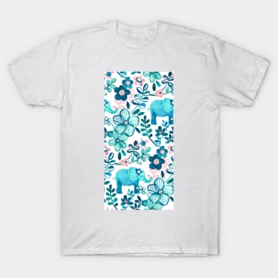 Dusty Pink, White and Teal Elephant and Floral Watercolor Pattern T-Shirt